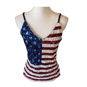 American Flag Sequin Camisole Tank Top Rhinestone Stars Sz Medium Y2K Patriotic